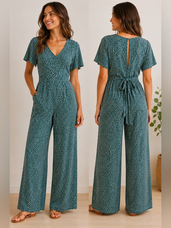 American Eagle Outfitters Pants - American Eagle Outfitters Teal Printed V-Neck Wide-Leg Jumpsuit